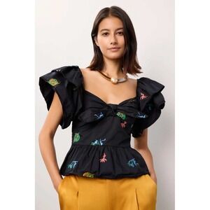 Hofmann Copenhagen Mikela Top Black Embroidered Ruffle Sleeve Blouse Sz 34/ 2 US